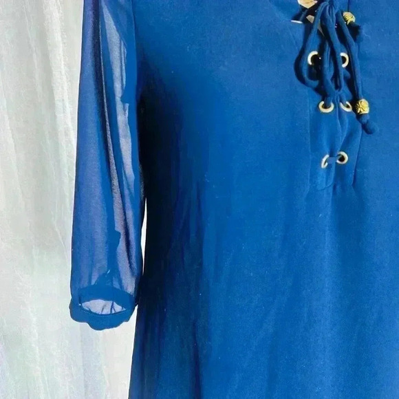 BCX DRESS Size M Womens Blue Lined Tie front Pullover 3/4 sleeve tunic - Picture 3 of 11